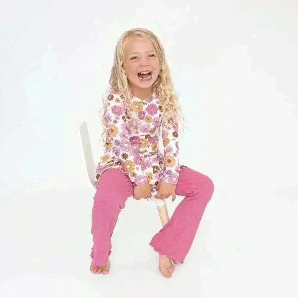 Girls 3T Peplum Top Flare Pants Outfit Set Retro Floral Flowers 70s Bamboo Boho
